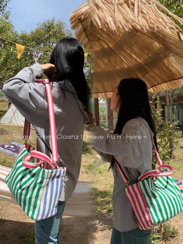 Color Block Striped Canvas Crossbody Tote Bag for Spring Summer