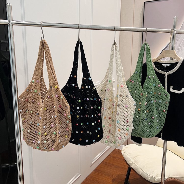 Lazy Style Beach Vacation Woven Bag Women Summer Pearl Hollow Underarm Bag Large Capacity Commuter Shoulder Tote Bag