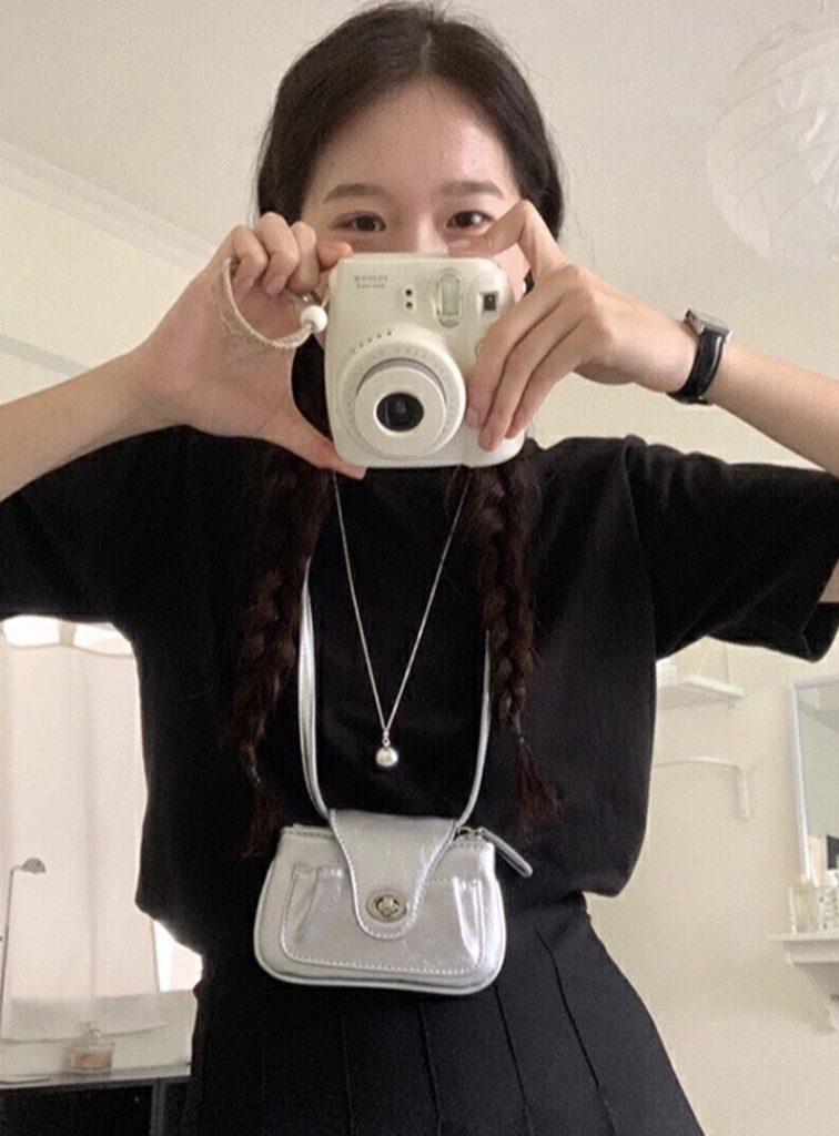 Korean Niche Cowhide Neck Wallet Mini Crossbody Bag with Chain and Strap Full Packaging