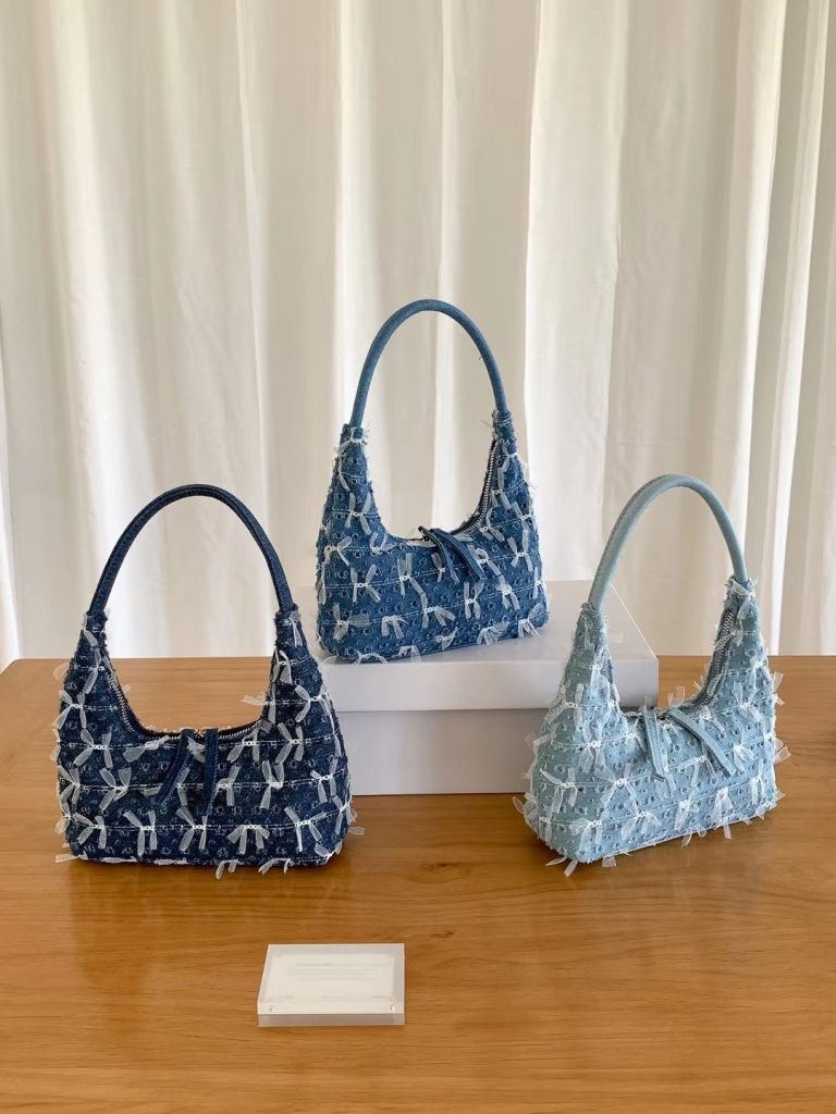 Korean Niche Lace Bow Denim Zip Crescent Handbag Underarm Baguette Bag for Women