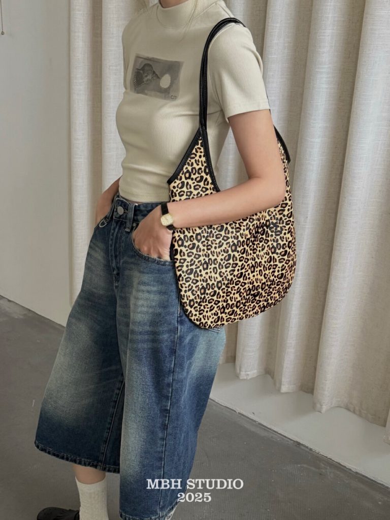 MBH Vintage Leopard Print Calfskin Hobo Bag Large Shoulder Bag